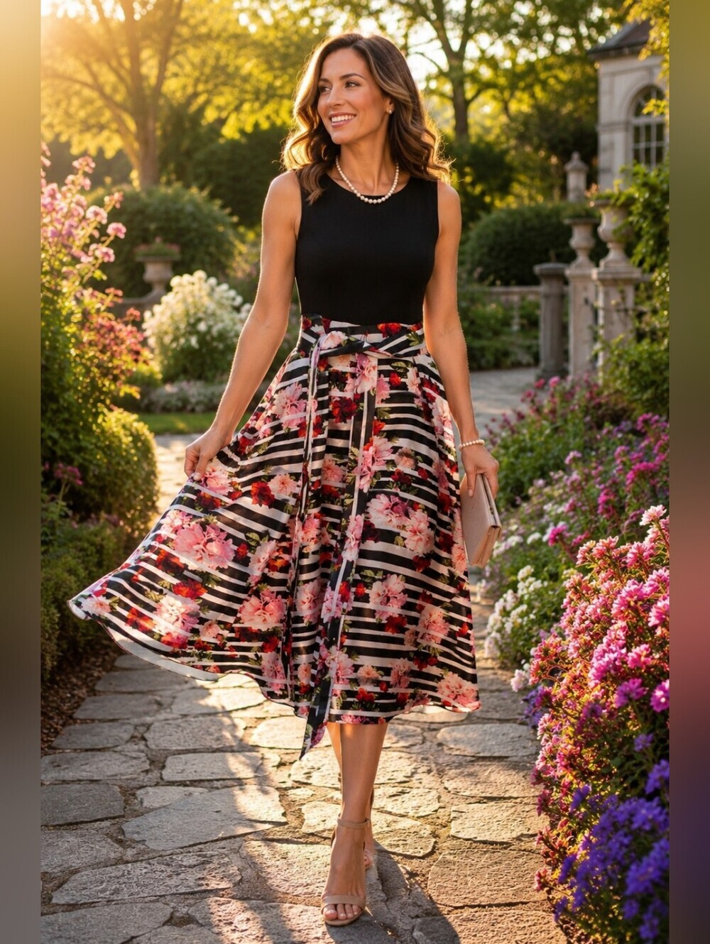 SLNY Floral Stripe Fit & Flare Midi Dress Size 14 Sleeveless Belted Occasion